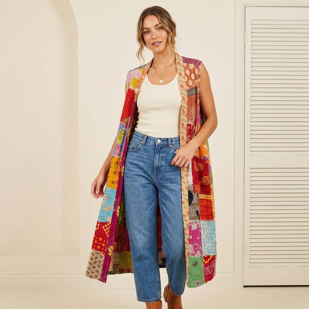 Kathmandu Imports Patchwork Duster Kantha Open Front Cardigan Boho Hippie Artsy